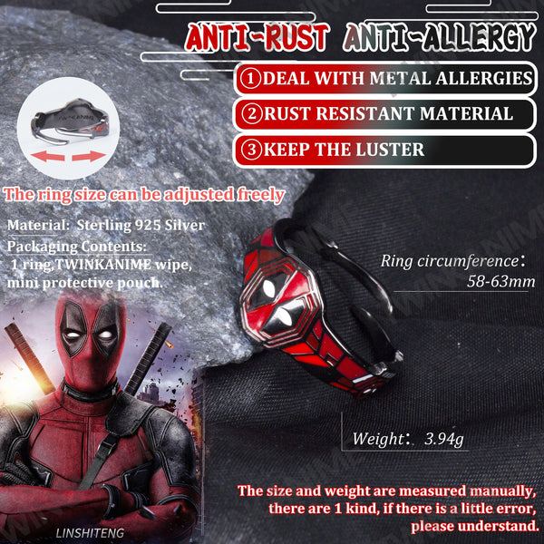 Anime Film Superhero Deadpool S925 Silver Adjustable Ring - TWINKANIME